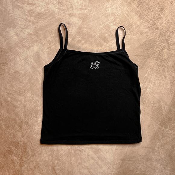 Vintage Y2K Chipie Black Cami Tank Top Yorkie Dog Rhinestone Crop Fitted Stretch - Picture 1 of 7